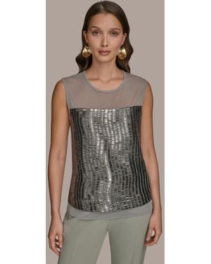 Donna Karan Sleeveless Beaded Mesh Top - Brown