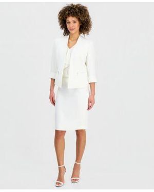 Kasper Collarless 3 4 Sleeve Jacket Pencil Skirt - White