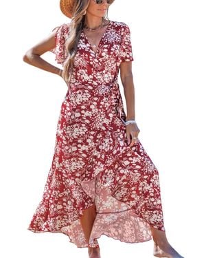 CUPSHE Casual Split Fla Sleeve Ditsy Maxi Beach Dress - Red