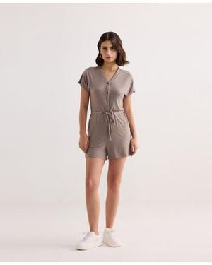 REISTOR V Neck Drawstring Knit Romper - Natural