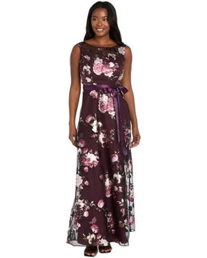 R & M Richards Printed Foil Floral Boat Neck Gown - Red