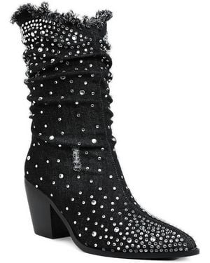 LONDON RAG Savant Diamante & Rhinestones Denim Boots - Black