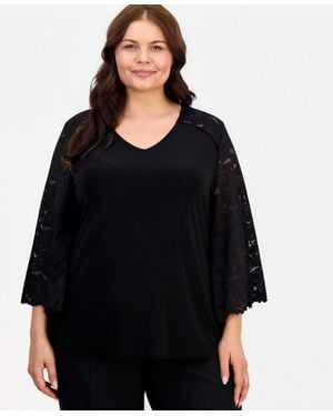 Kasper Plus Size Lace Bell-sleeve V-neck Top - Black