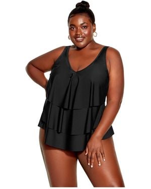 Avenue Plus Size V Tiered Tankini Top - Black