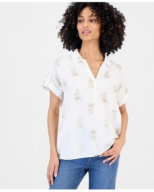 Style & Co. Petite Cotton Printed Collared Popover Top - White