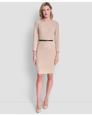 DKNY 3/4 Sleeve Asymmetric Neck Sheath Dress - Natural