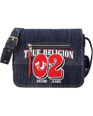 TRUE RELIGION Varsity Logo Zip Pocket Denim Messenger Bag – Crossbody Bag - Blue