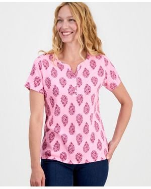 Style & Co. Printed Short-sleeve Henley Top - Pink