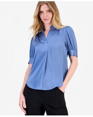 Anne Klein Split-neck Puffed-sleeve Top - Blue