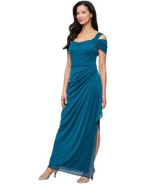 Alex Evenings Petite Cold-shoulder Side Wrap Cowl Neck Gown - Blue