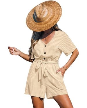 CUPSHE Ribbed V-neck Tie Waist Short Sleeve Romper - Natural