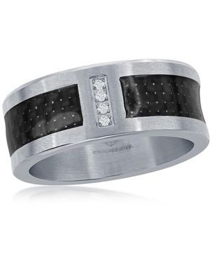 Metallo Stainless Steel Black Carbon Fiber Cz Ring