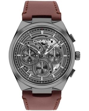 Calvin Klein Distinguish Skeleton Dark Brown Leather Strap Watch 44mm - Gray