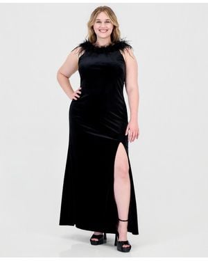 Alex & Sophia Plus Size Velvet High-neck Feather Trim Gown - Black