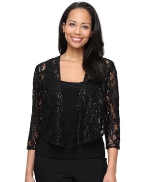 Alex Evenings Sequin-lace 3/4-sleeve V-neck Coverup - Black