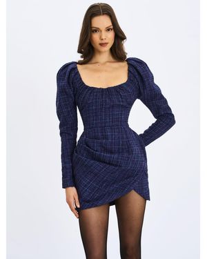 Miss Circle Denise Tweed Ruched Puff Sleeve Mini Dress - Blue