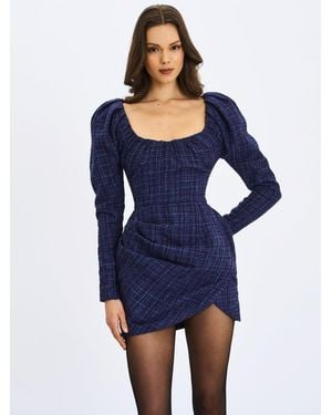 Miss Circle Denise Tweed Ruched Puff Sleeve Mini Dress - Blue