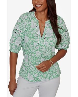Ruby Rd. Petite Tropical Floral Trim Knit Top - Green