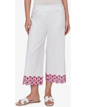 Ruby Rd. Petite Embroidered Hem Colored Denim Pull-on Crop Pants - White