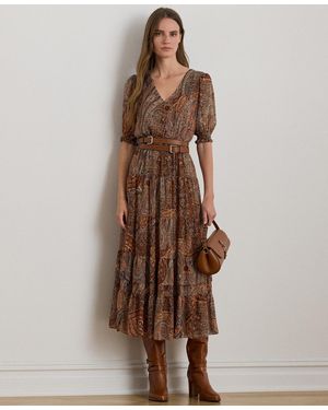 Ralph Lauren Crinkle 58 Jeho Puffed Sleeve Georgette Dress 0p 18 - Brown