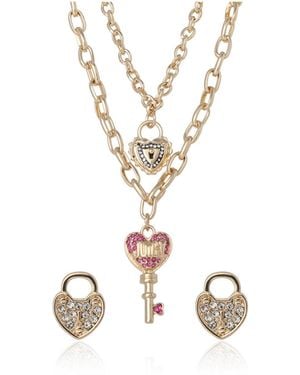 Juicy Couture Key Charm Layered Necklace And Lock Earring Set - Metallic
