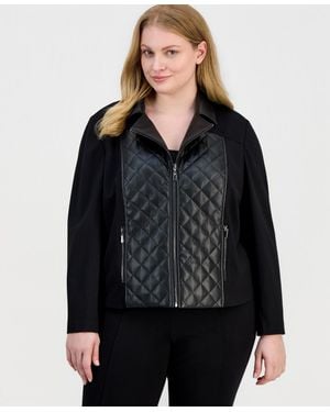 Anne Klein Essentials Ak Anne Klein Plus Size Faux-leather Mixed-media Quilted-front Moto Jacket - Black