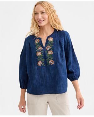 Style & Co. Embroidered Indigo Gauze Top - Blue