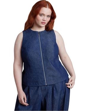 Eloquii Chambray Zip Up Top - Blue