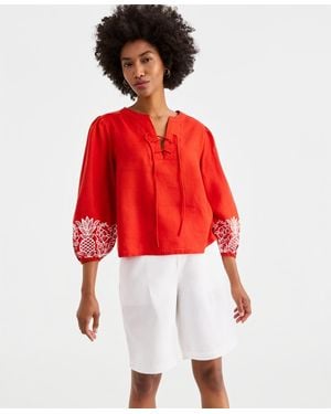 Charter Club Embroidered Blouson-sleeve 100% Linen Blouse