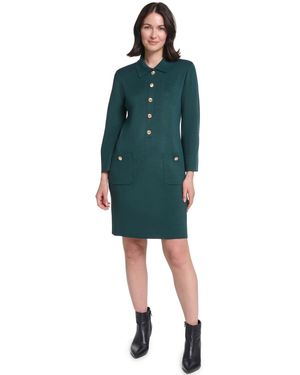 Jessica Howard Petite Long-sleeve Button-front Shift Sweater Dress - Green