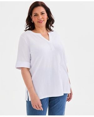 Style & Co. Plus Size Roll-tab Split-neck Elbow-sleeve Tunic - White