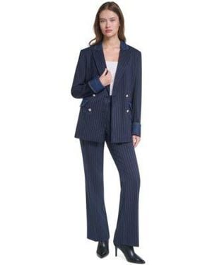 KARL LAGERFELD Button Front Collared Blazer Striped Straight Leg Denim Waistband Pants - Blue