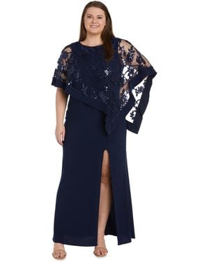R & M Richards Plus Size Embroidered Sequin Lace Poncho Gown - Blue