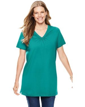 Woman Within Plus Size Within Perfect Short-sleeve Shirred V-neck Tunic - Green