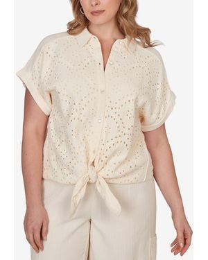 Ruby Rd. Plus Size Eyelet Front Gauze Tie-front T-shirt - Natural