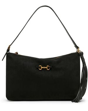 Anne Klein Faux Suede Large Horse Bit Shoulder Handbag - Black