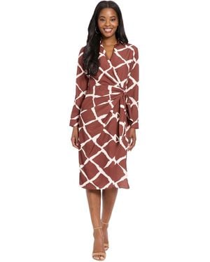 London Times Collar Printed Side Tie Midi Dress - Red