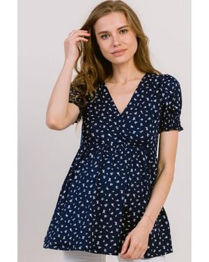 Hello Miss Maternity Floral Empire Waist Wrap Nursing Top - Blue