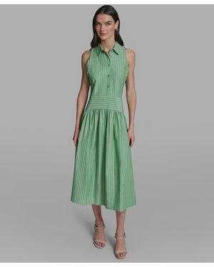 KARL LAGERFELD Stripe Shirting Button-down Sleeveless Midi Shirtdress - Green