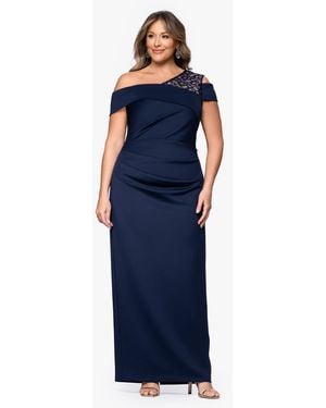 B & A by Betsy and Adam Plus Size Long Asymmetrical Neck Ball Gown - Blue
