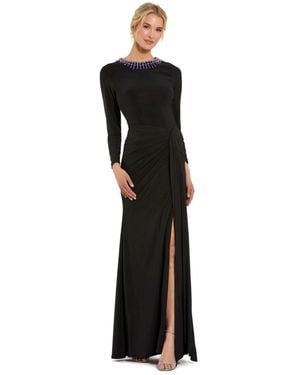 Mac Duggal Long Sleeve Jersey Ruched Gown With Beaded Neck - Black