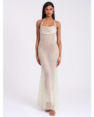 Miss Circle Zahya Lime Halter Backless Beaded Mesh Gown - White