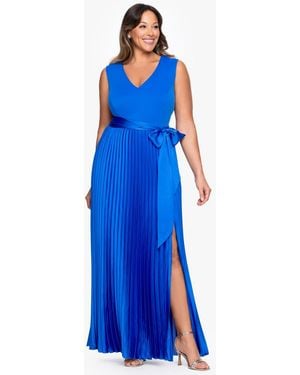 Xscape Plus Size V-neck Sleeveless Pleated Gown - Blue
