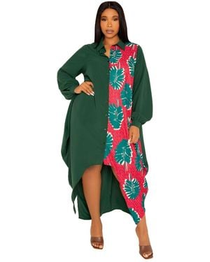 Buxom Couture Plus Size Contrast Print Drapy Shirt Maxi Dress - Green