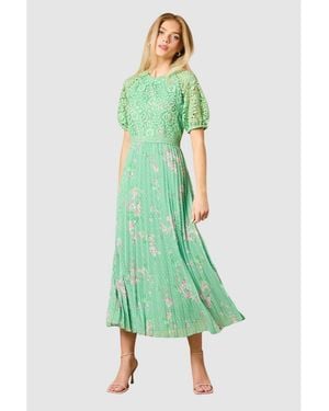 Oasis Floral Lace Bodice Pleated Midi Dress - Green