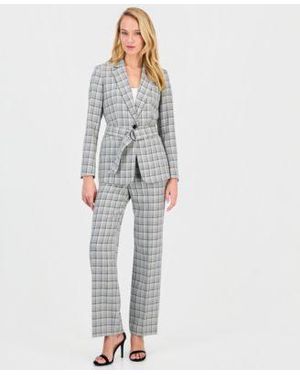 Anne Klein Belted Notch Collar Jacket Printed Mid Rise Pants - Gray