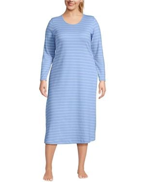 Lands' End Plus Size Cotton Long Sleeve Midcalf Nightgown - Blue