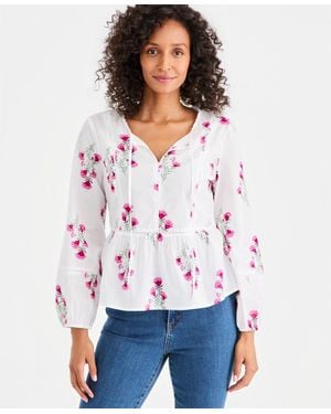Style & Co. Cotton Printed Peplum Popover Blouse - White