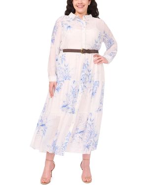 Msk Plus Size Floral Print Long-sleeve Belted Maxi Dress - White