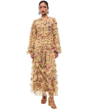 MARYISA Modest Floral Ruffle Dress - Metallic